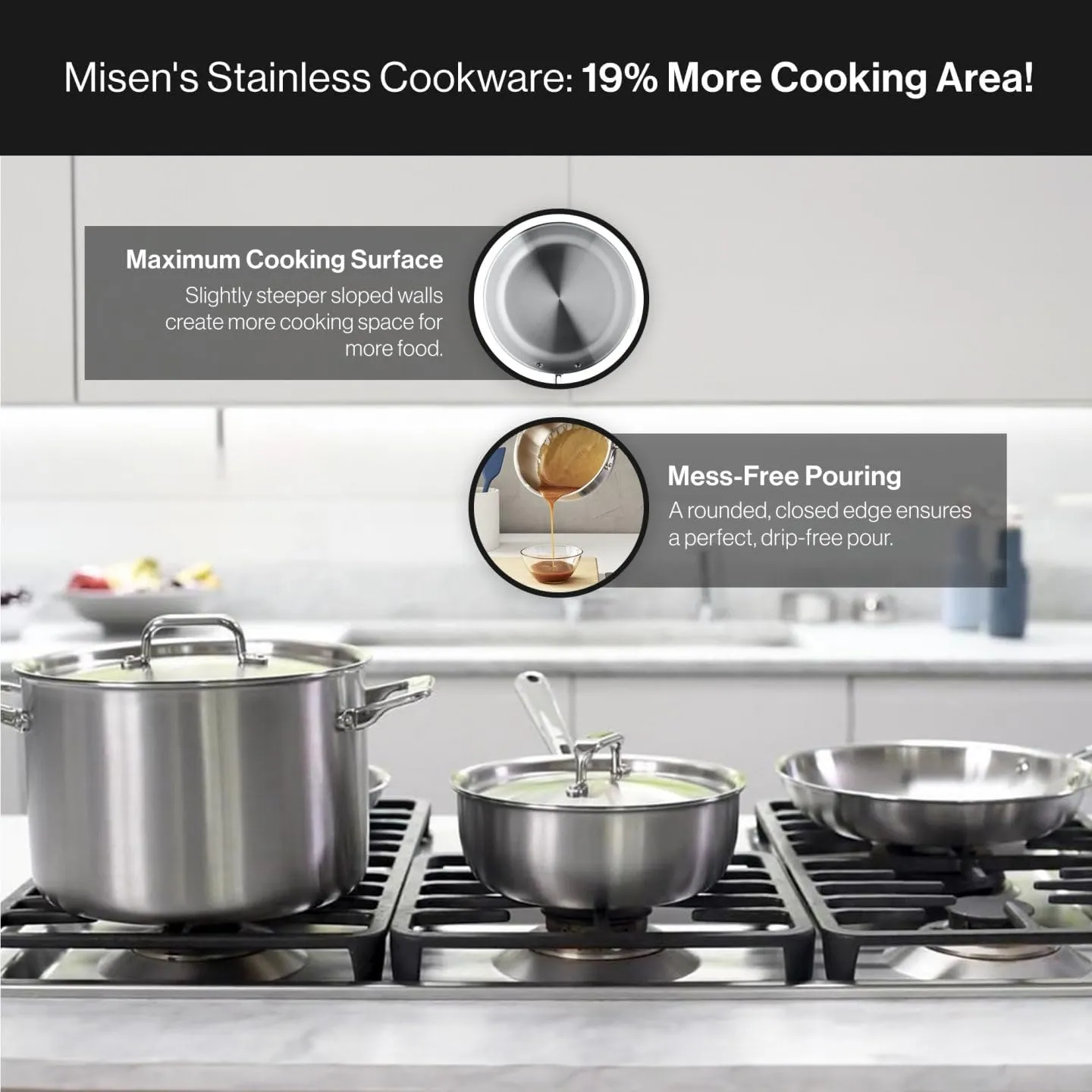 Misen 5-Ply Stainless Steel Cookware Set - Versatile, Dishwasher Safe - 9-Piece Set - 10" Skillet, 12" Skillet   Lid, 3 QT Saute Pan   Lid, 3 QT Saucier   Lid, 8 QT Stockpot   Lid
