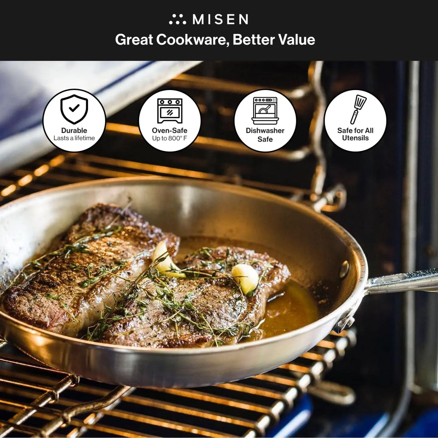 Misen 5-Ply Stainless Steel Cookware Set - Versatile, Dishwasher Safe - 9-Piece Set - 10" Skillet, 12" Skillet   Lid, 3 QT Saute Pan   Lid, 3 QT Saucier   Lid, 8 QT Stockpot   Lid