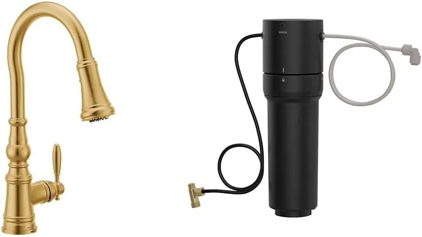 Moen Brushed Gold Weymouth 3-in-1 Water Filtration One-Handle Pulldown Kitchen Faucet, FS73004BG with Moen F9800 Advanced Carbon Water Filtration System