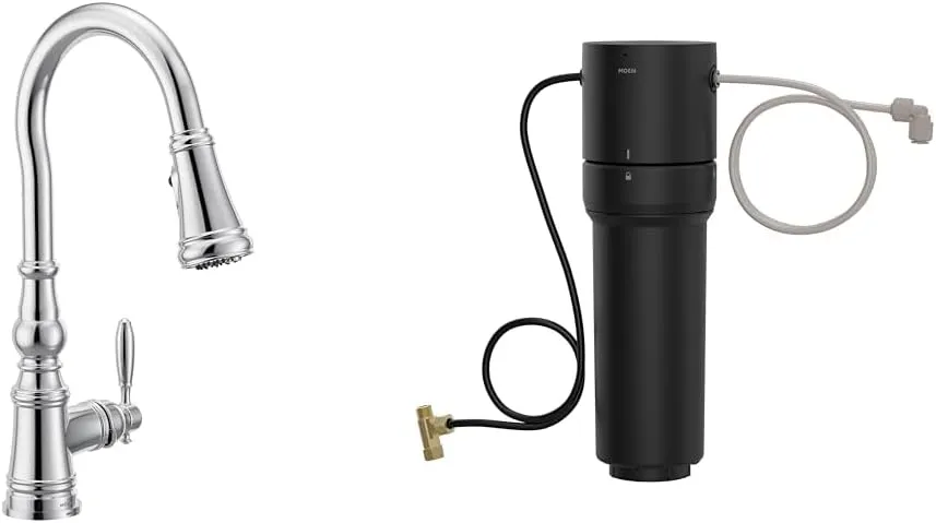 Moen Chrome Weymouth 3-in-1 Water Filtration One-Handle Pulldown Kitchen Faucet, FS73004 with Moen F9800 Advanced Carbon Water Filtration System