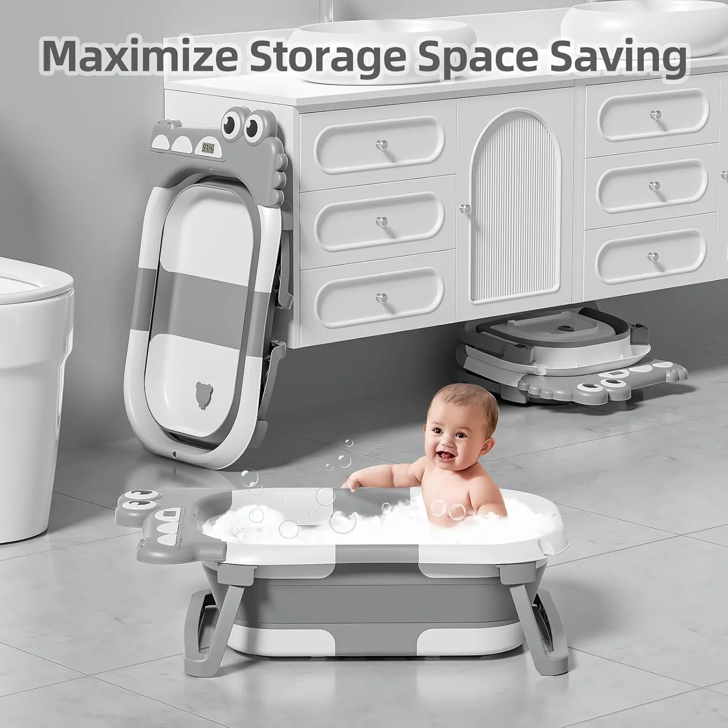 MoreFeel Collapsible Baby Bathtub for Newborn with Thermometer & 1 Hooded Towel & 1 Soft Floating Cushion,Portable Travel Bathtub with Drain Hole, Durable Foldable Baby Tubs for Infants to Toddler