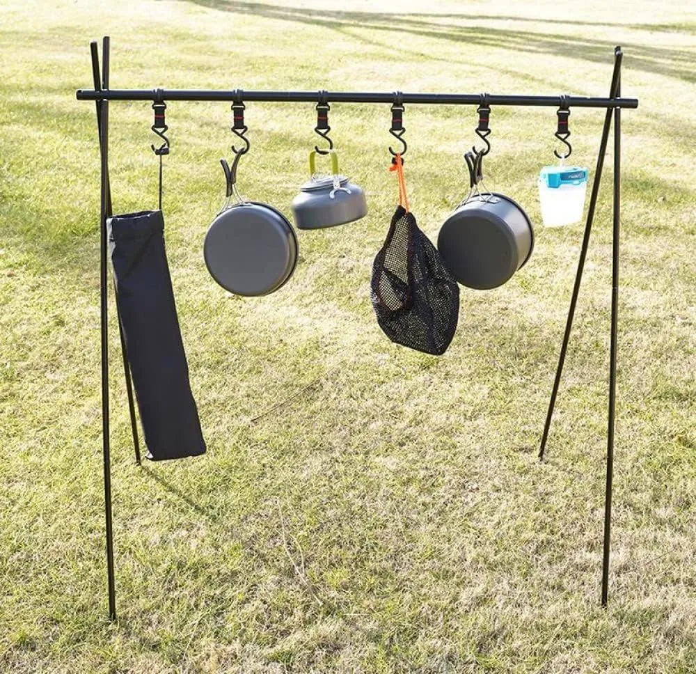 Multifunctional Triangle Cookware Storage Rack, Picnic Storage Rack, Clothes Drying Tripod, Portable Aluminum Rack for Camping, Outdoor, Picnic-Five Hooks