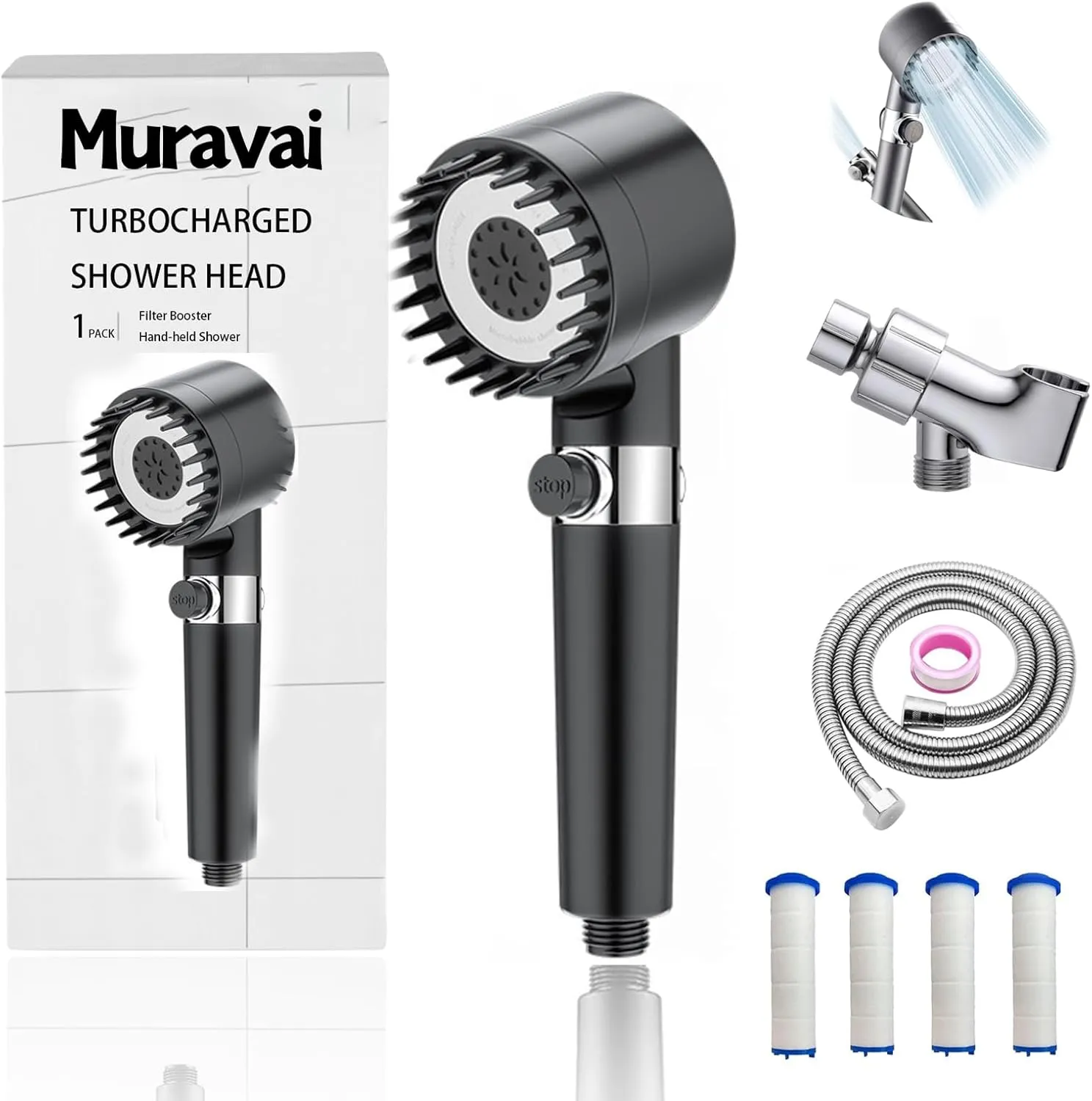 Muravai Shower Head, High Pressure Handheld with 4PCS Water Filter, One-Touch Pause Switch Fits for Men, Women, Children and Pets