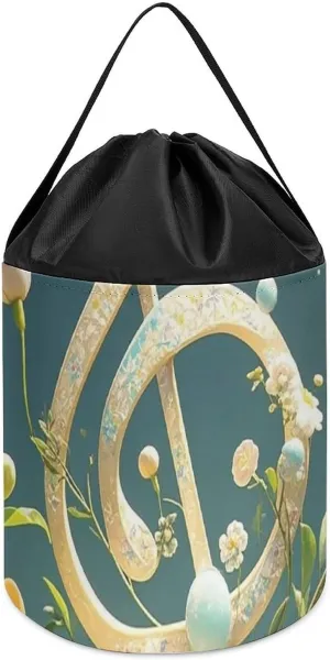 Musical Note Floral Toy Storage Basket Reusable Drawstring Toy Bucket Bags Toy Hamper Round Toys Clothes Storage Basket for Playroom