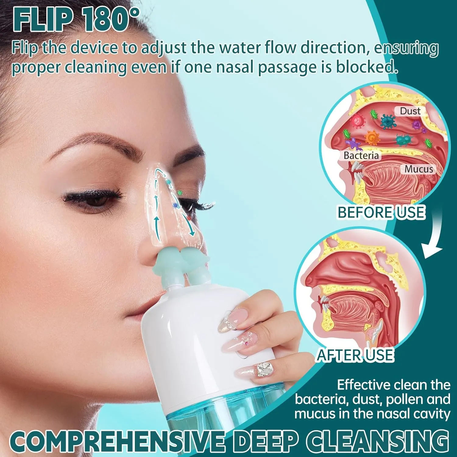 Nasal Irrigation System with 30 Saline Packets – Dual Speed and Auto Waste Collection – Portable and Travel-Friendly Nasal Irrigator – Nasal Cleaner for Sinus Relief Nasal Rinse Machine