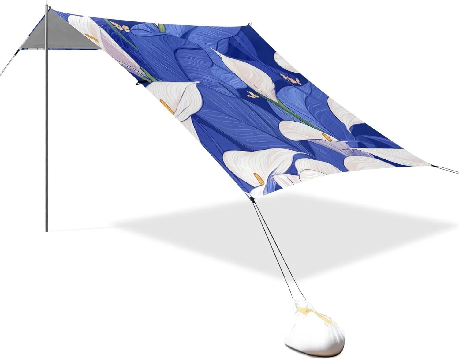 Nature Calla Lily Royal Blue Designed UPF50  Foldable Beach Cabana Water-Resistant Portable Sunshade with Sandbags & Sand Shovel for Camping, Picnics, Backyard Beach Parasol