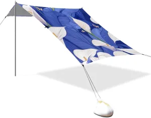 Nature Calla Lily Royal Blue Designed UPF50  Foldable Beach Cabana Water-Resistant Portable Sunshade with Sandbags & Sand Shovel for Camping, Picnics, Backyard Beach Parasol