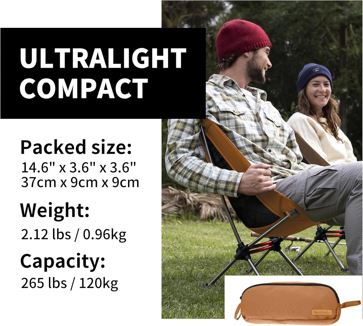 Naturehike YL08 Ultralight Camping Chair, 2.12 LBS Portable Backpacking Chair with Storage Bag & Anti-Sinking Feet, Lightweight Compact Collapsible Camp Chair