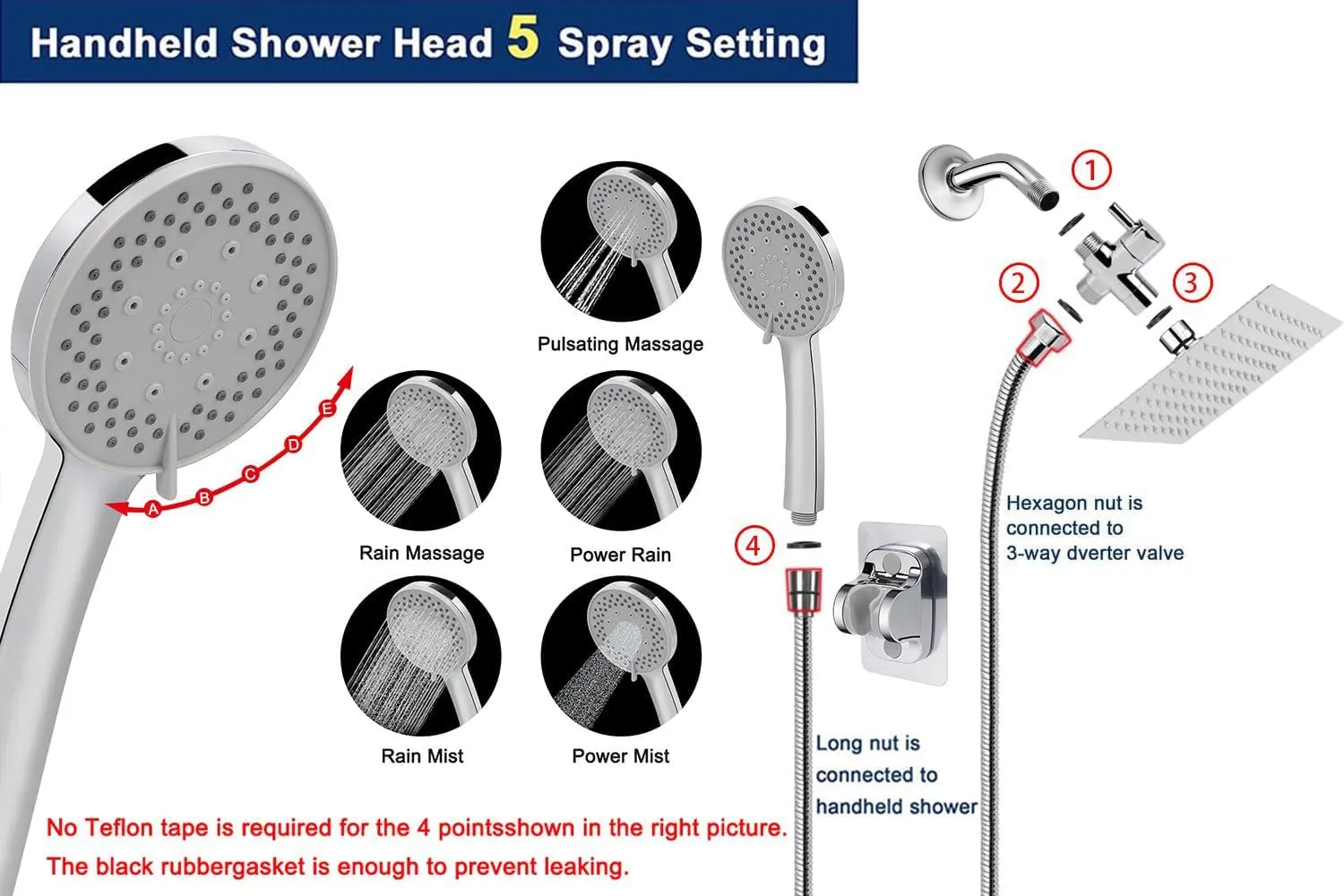 NearMoon Filtered Shower Head, High Pressure 8″Square, 5 settings Handheld Rain Shower Filter Combo with Self-adhesive Holder/1.5M Hose -1 Replaceable Filter Cartridge (Chrome Finish)