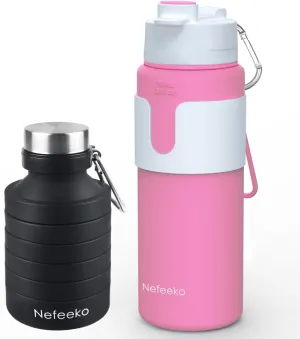 Nefeeko 26oz Collapsible Water Bottles Bundles, Silicone Foldable Water Bottles Leakproof BPA Free Travel Water Bottles with Carabiner (Black Pink)
