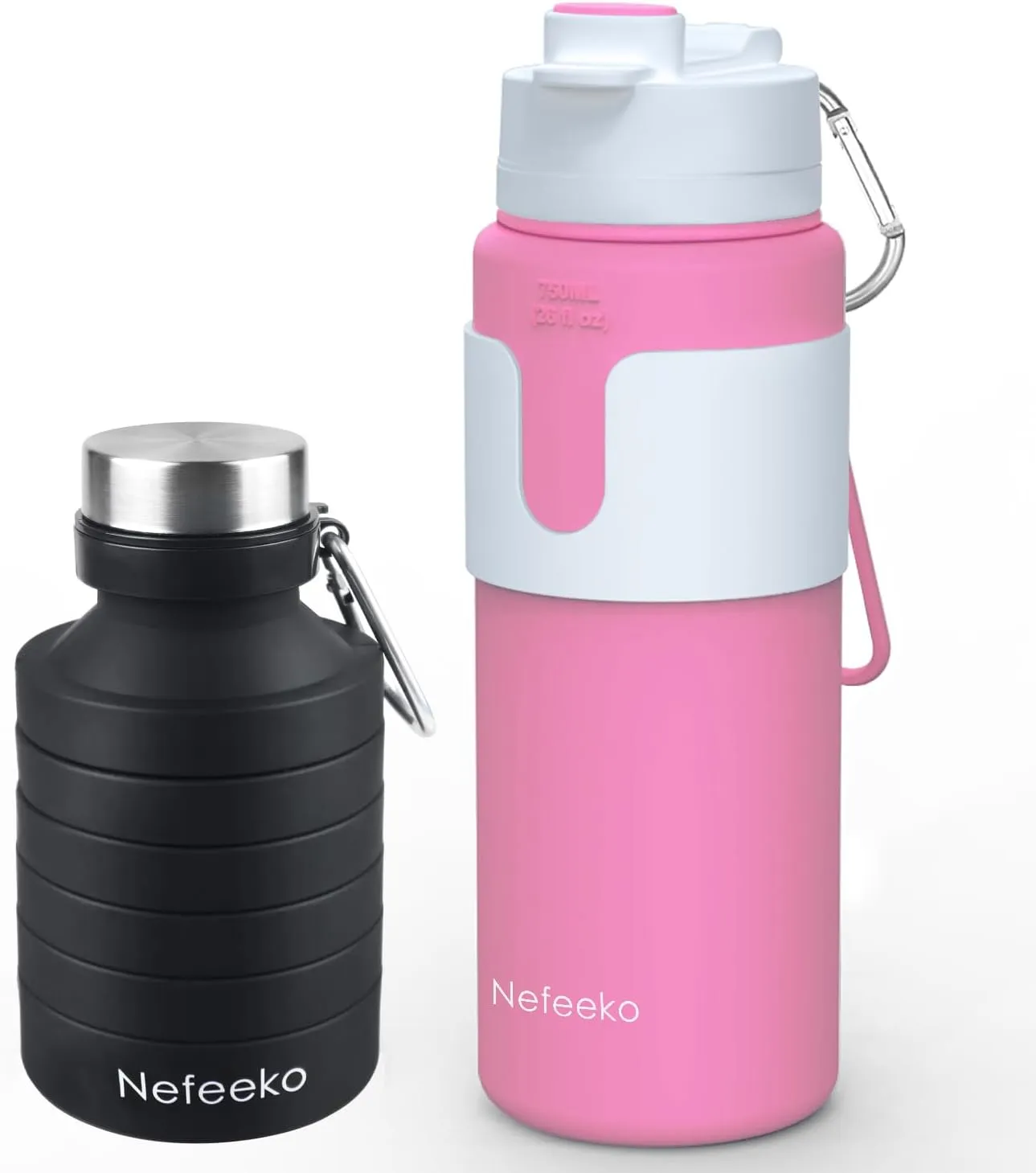 Nefeeko 26oz Collapsible Water Bottles Bundles, Silicone Foldable Water Bottles Leakproof BPA Free Travel Water Bottles with Carabiner (Black Pink)