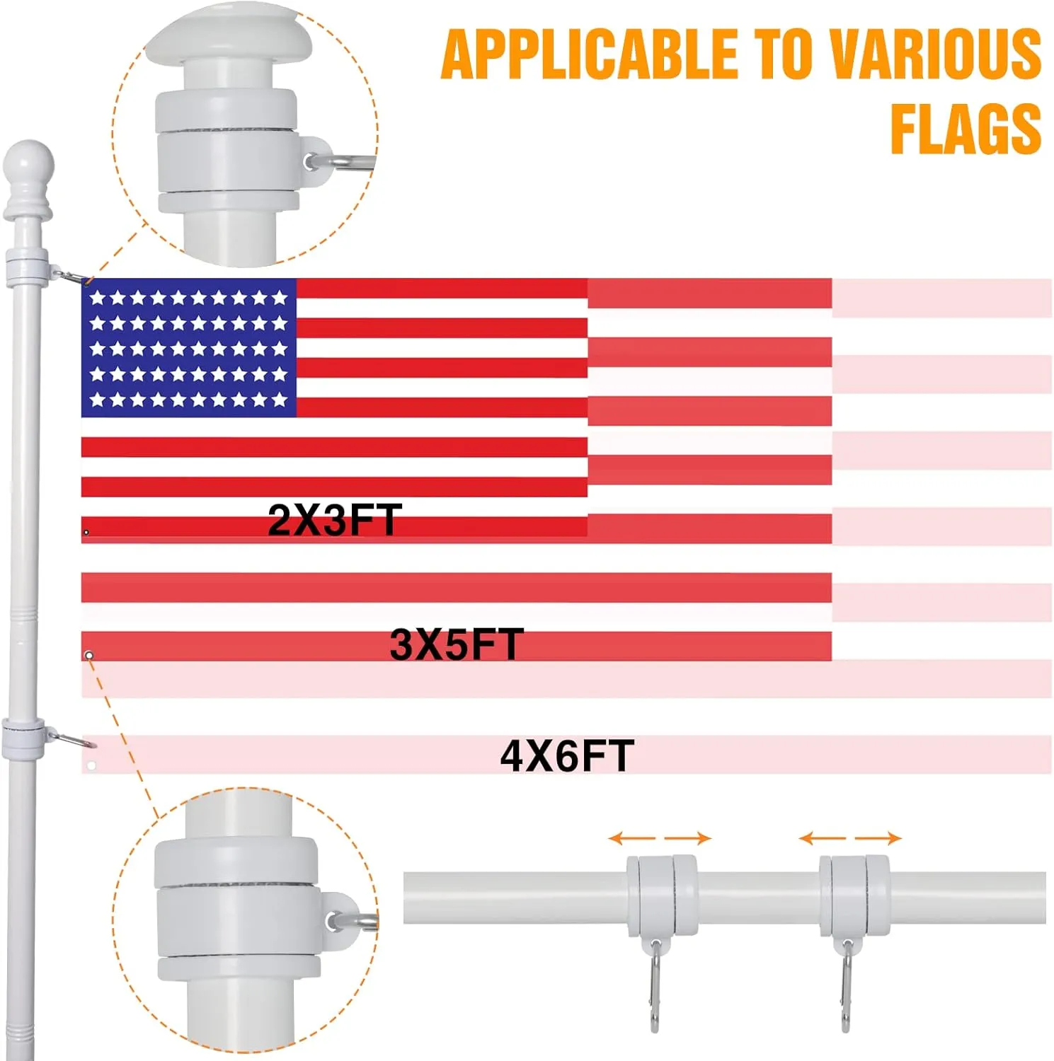 NELXINJO 5FT Flag Pole with Bracket,Professional Stainless Steel No Tangle Spinning Pole and Flag Pole Kit with Bracket for Residential or Commercial