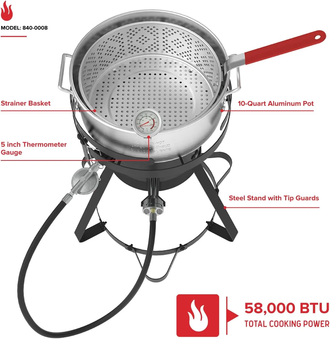 Nexgrill Propane Deep Fryer with 10Qt Aluminum Crawfish Boiler Pot & Strainer Basket for Turkey, Seafood, and More, 58,000 BTU Turkey Fryer Burner, CSA Approved Outdoor Deep Fryer - 840-0008
