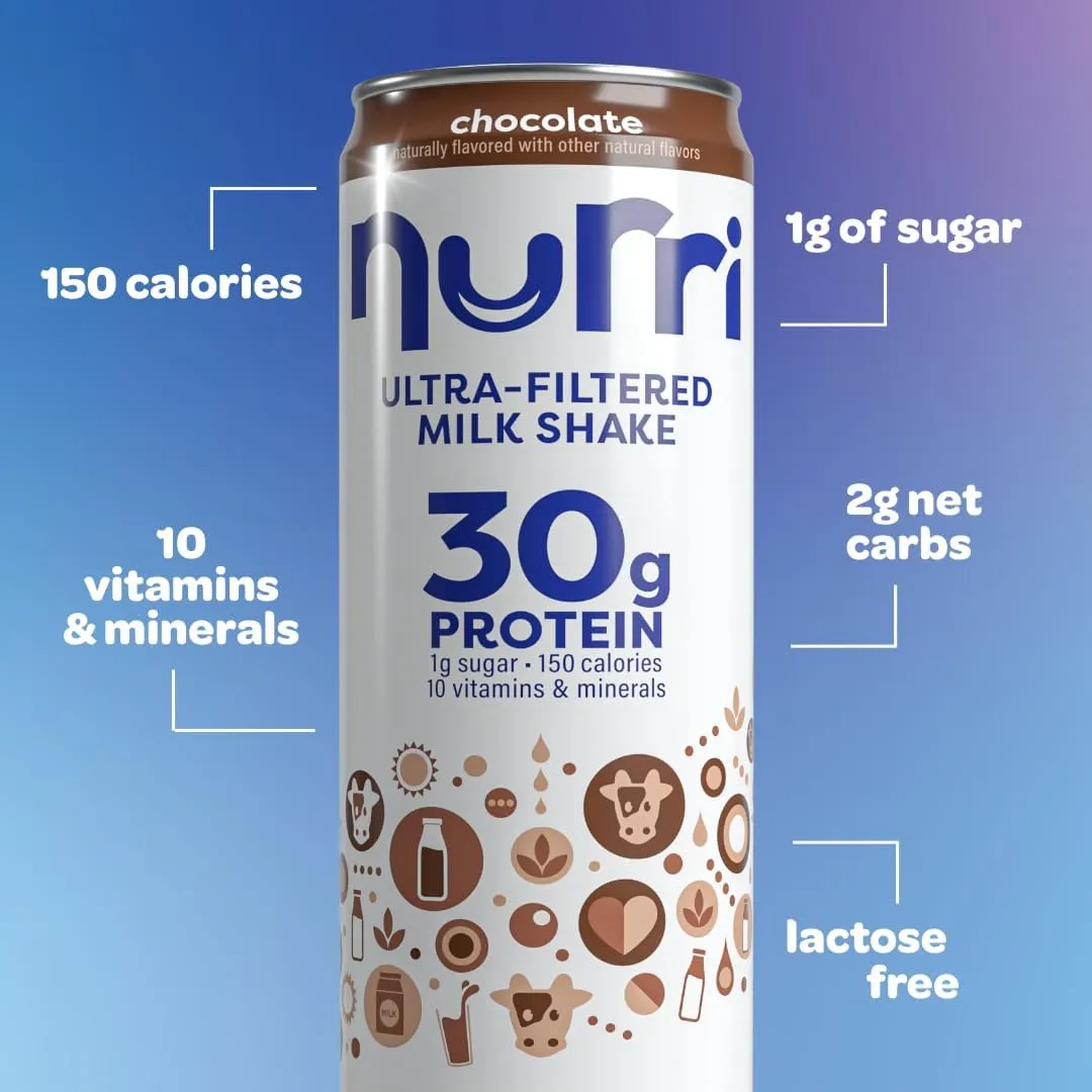 Nurri - 30g Protein Ultra Filtered Milk Shake – Chocolate - Lactose Free, Low Sugar, 150 Calories, 10 Vitamins and Minerals - 11 fl oz, 12 Cans