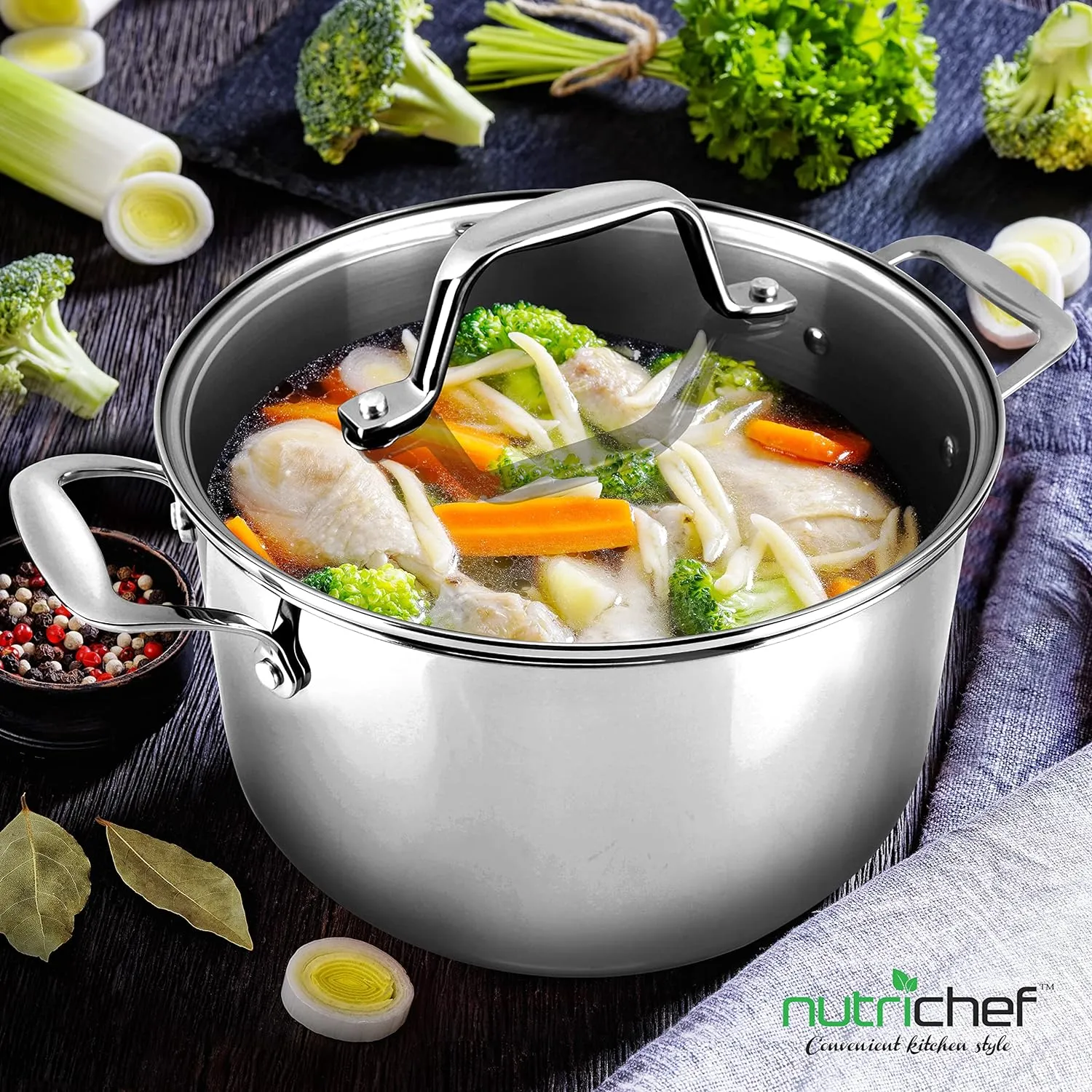 NutriChef 3-Quart Stainless Steel Pot with Glass Lid - 18/8 Food Grade Heavy Duty Cookware Stockpot for Stews, Simmering & Soups, Dishwasher Safe, For Induction, Gas & Ceramic Cooktops - NCSP3