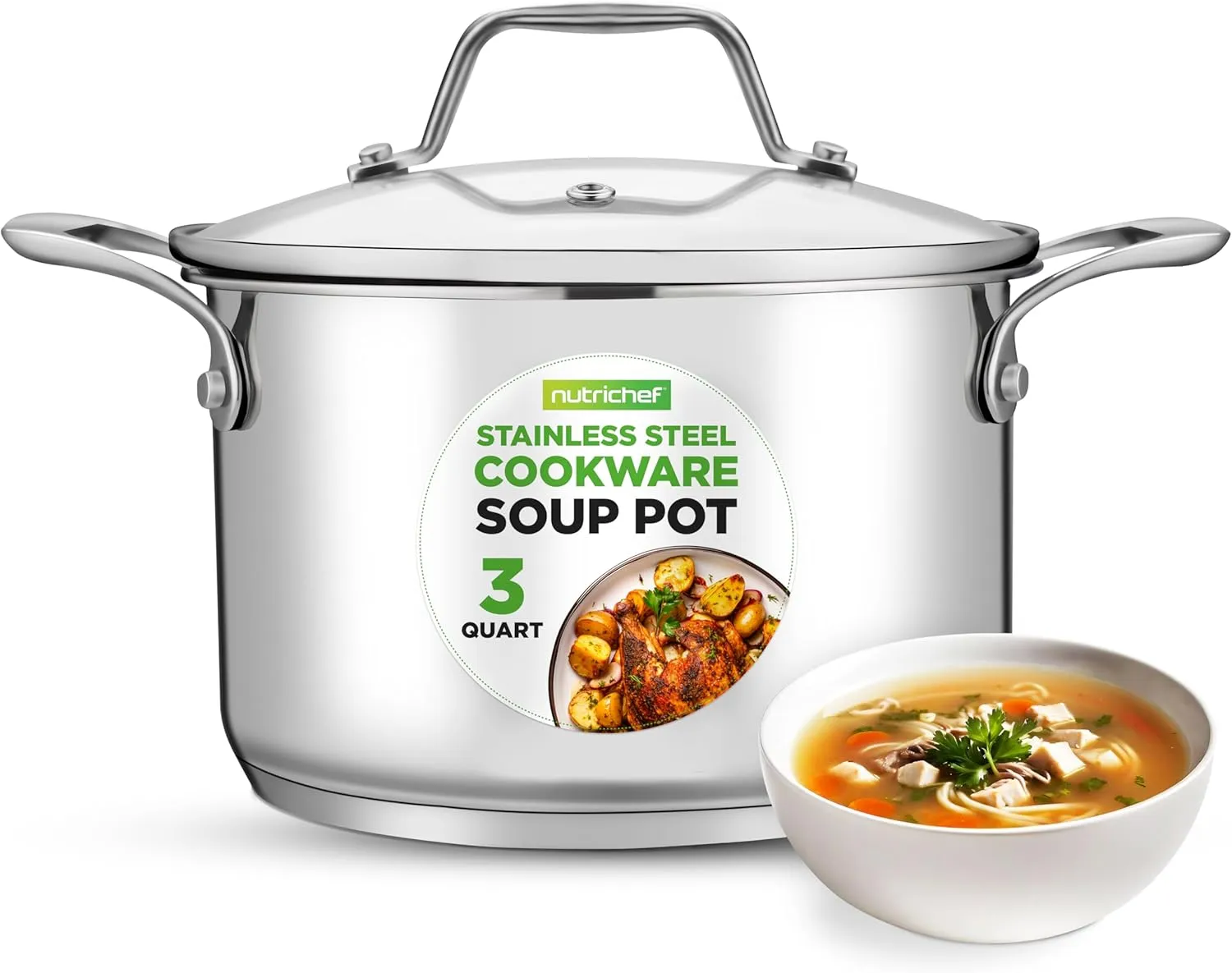 NutriChef 3-Quart Stainless Steel Pot with Glass Lid - 18/8 Food Grade Heavy Duty Cookware Stockpot for Stews, Simmering & Soups, Dishwasher Safe, For Induction, Gas & Ceramic Cooktops - NCSP3