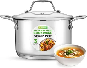 NutriChef 3-Quart Stainless Steel Pot with Glass Lid - 18/8 Food Grade Heavy Duty Cookware Stockpot for Stews, Simmering & Soups, Dishwasher Safe, For Induction, Gas & Ceramic Cooktops - NCSP3