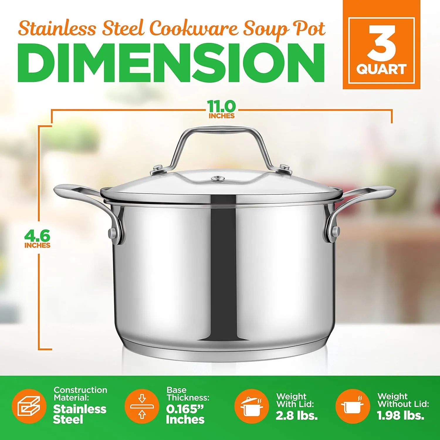 NutriChef 3-Quart Stainless Steel Pot with Glass Lid - 18/8 Food Grade Heavy Duty Cookware Stockpot for Stews, Simmering & Soups, Dishwasher Safe, For Induction, Gas & Ceramic Cooktops - NCSP3