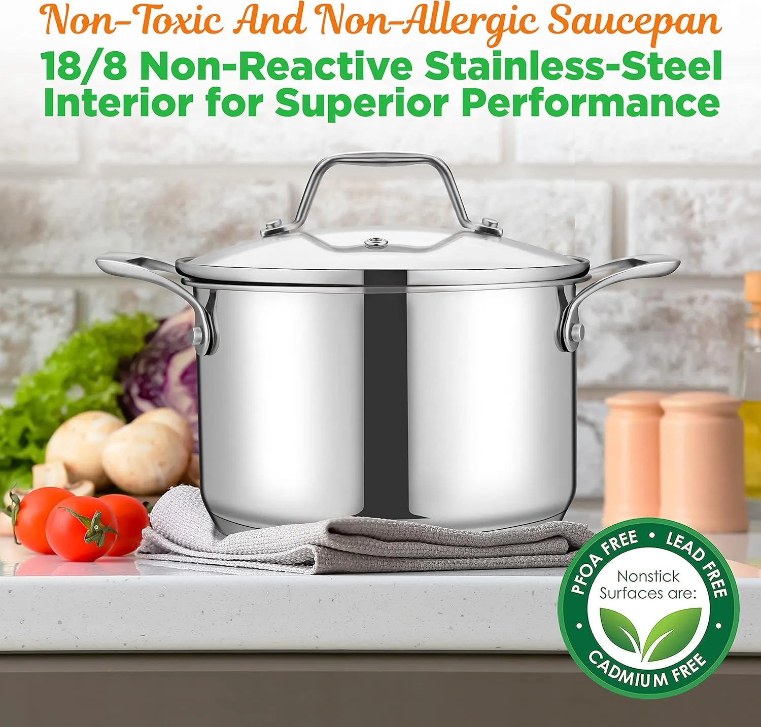 NutriChef 3-Quart Stainless Steel Pot with Glass Lid - 18/8 Food Grade Heavy Duty Cookware Stockpot for Stews, Simmering & Soups, Dishwasher Safe, For Induction, Gas & Ceramic Cooktops - NCSP3