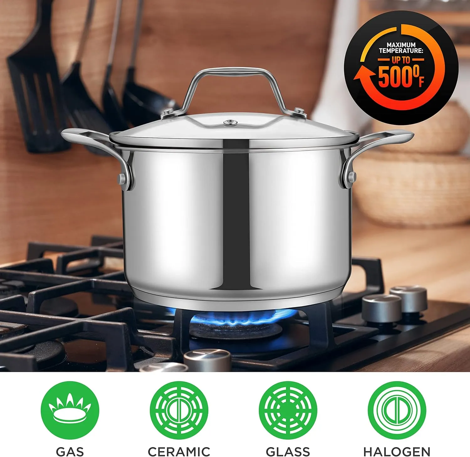 NutriChef 3-Quart Stainless Steel Pot with Glass Lid - 18/8 Food Grade Heavy Duty Cookware Stockpot for Stews, Simmering & Soups, Dishwasher Safe, For Induction, Gas & Ceramic Cooktops - NCSP3
