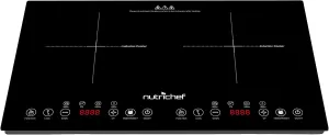 NutriChef Double Induction Cooktop - Portable 120V Portable Digital Ceramic Dual Burner w/Kids Safety Lock - Works with Flat Cast Iron Pan,1800 Watt, Touch Sensor Control, 12 Controls -PKSTIND49