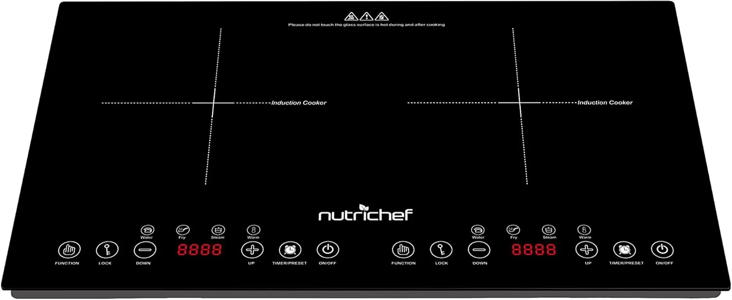 NutriChef Double Induction Cooktop - Portable 120V Portable Digital Ceramic Dual Burner w/Kids Safety Lock - Works with Flat Cast Iron Pan,1800 Watt, Touch Sensor Control, 12 Controls -PKSTIND49
