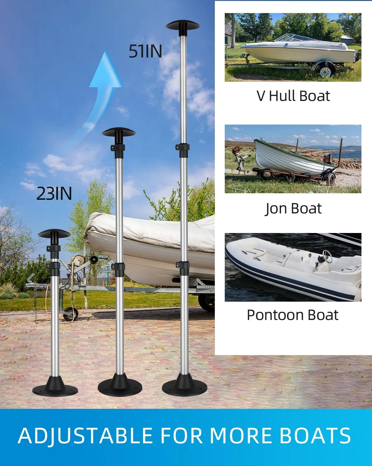 OCEANBROAD Boat Cover Support Pole Adjustable Telescoping Aluminum Pole with Straps, for V Hull/Jon/Pontoon Boat, 3 Pack