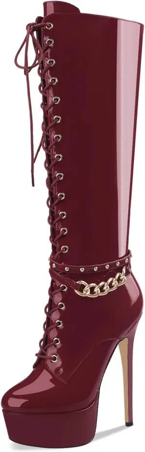 Oh Mispares Platform Knee High Boots Stiletto High Heels Round Closed Toe Lace up Patent Leather Tall Boots for Women 6 inch Studs Long Boots with Gold Chain