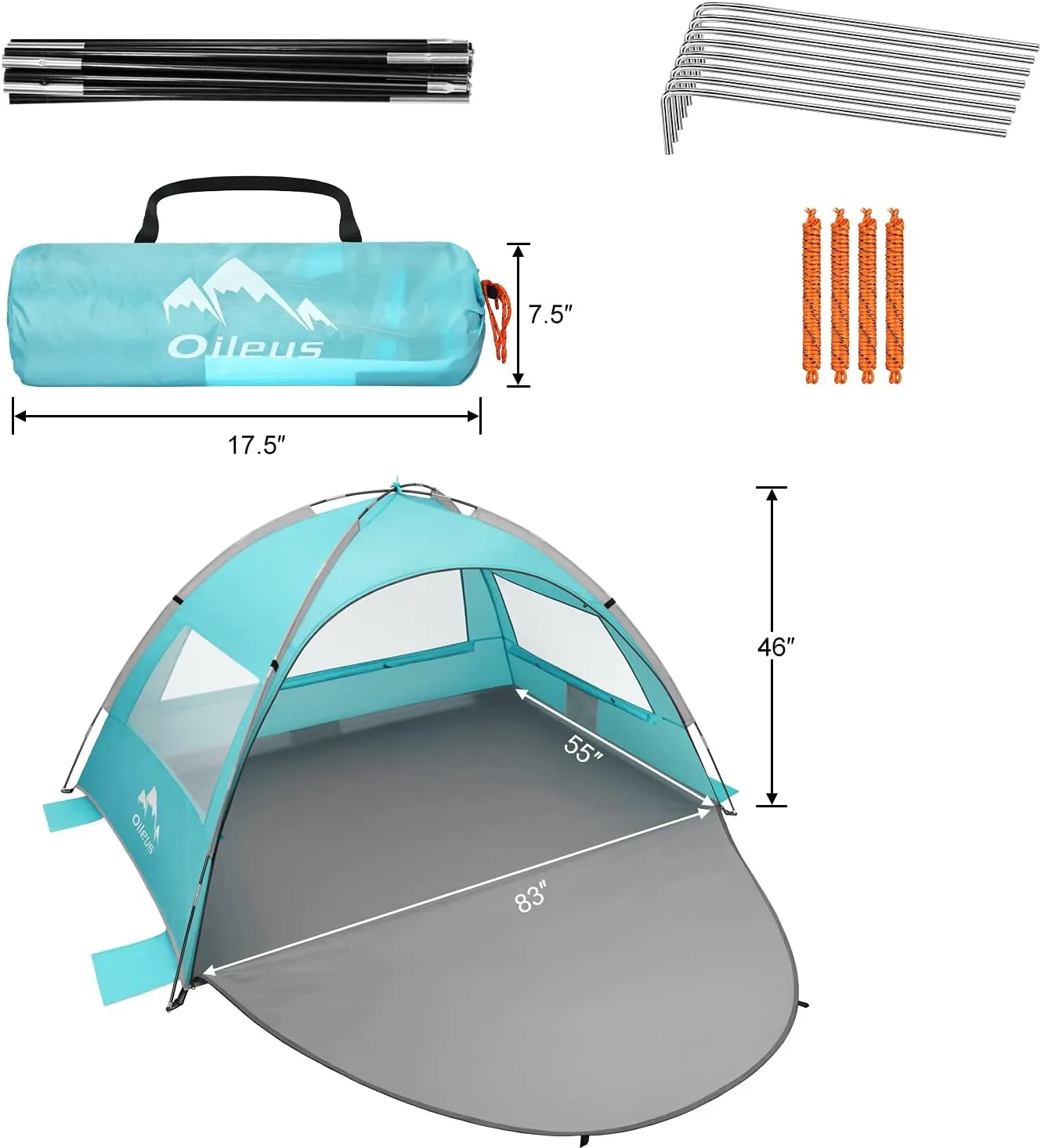 Oileus Beach Tent 2-3 Person Portable Sun Shade Shelter UV Protection, Extended Floor Ventilating Mesh Roll Up Windows Carrying Bag Stakes 6 Sand Pockets Fishing Hiking Camping, Sky Blue
