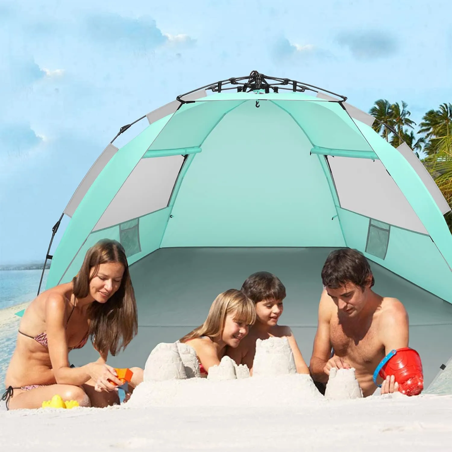 Oileus X-Large 4 Person Beach Tent Sun Shelter - Portable Sun Shade Instant Tent for Beach with Carrying Bag, Stakes, 6 Sand Pockets, Anti UV for Fishing Hiking Camping, Waterproof, Light Green