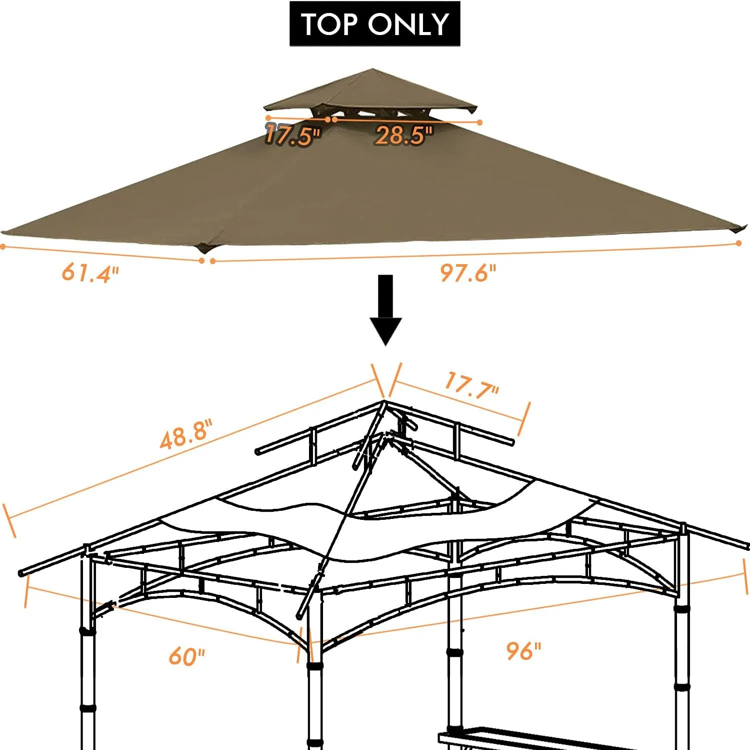 Ontheway 5 ft x 8 ft TOP Only Grill BBQ Gazebo Roof Top Double Tiered Replacement Canopy Roof Outdoor Gazebo Tent Roof Top