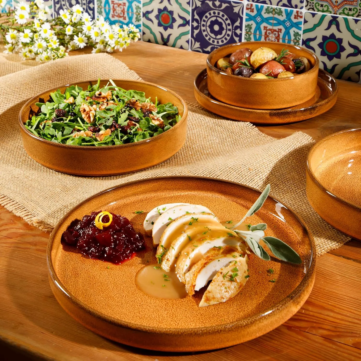 Oprah's Favorite Things - Santorini Mist Double Bowl Terracotta Reactive Glaze Plates and Bowls Dinnerware Set - Amber, Service for Four (16pcs)