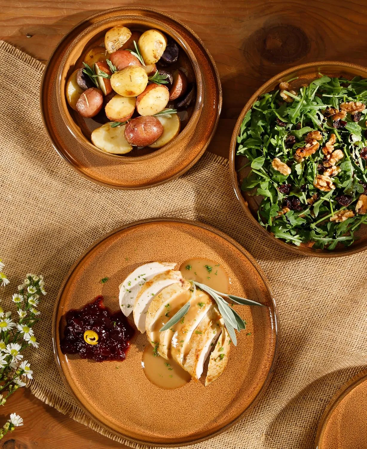 Oprah's Favorite Things - Santorini Mist Double Bowl Terracotta Reactive Glaze Plates and Bowls Dinnerware Set - Amber, Service for Four (16pcs)