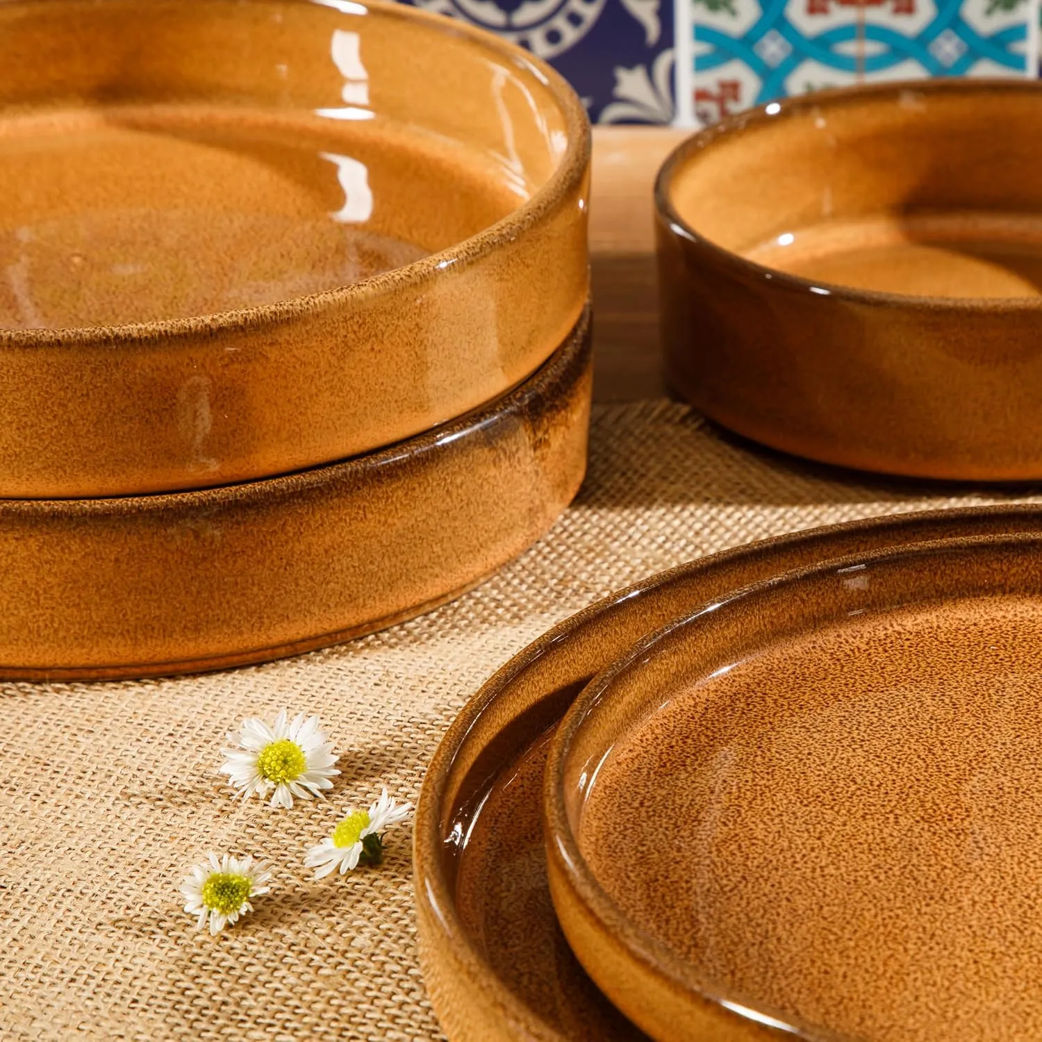 Oprah's Favorite Things - Santorini Mist Double Bowl Terracotta Reactive Glaze Plates and Bowls Dinnerware Set - Amber, Service for Four (16pcs)