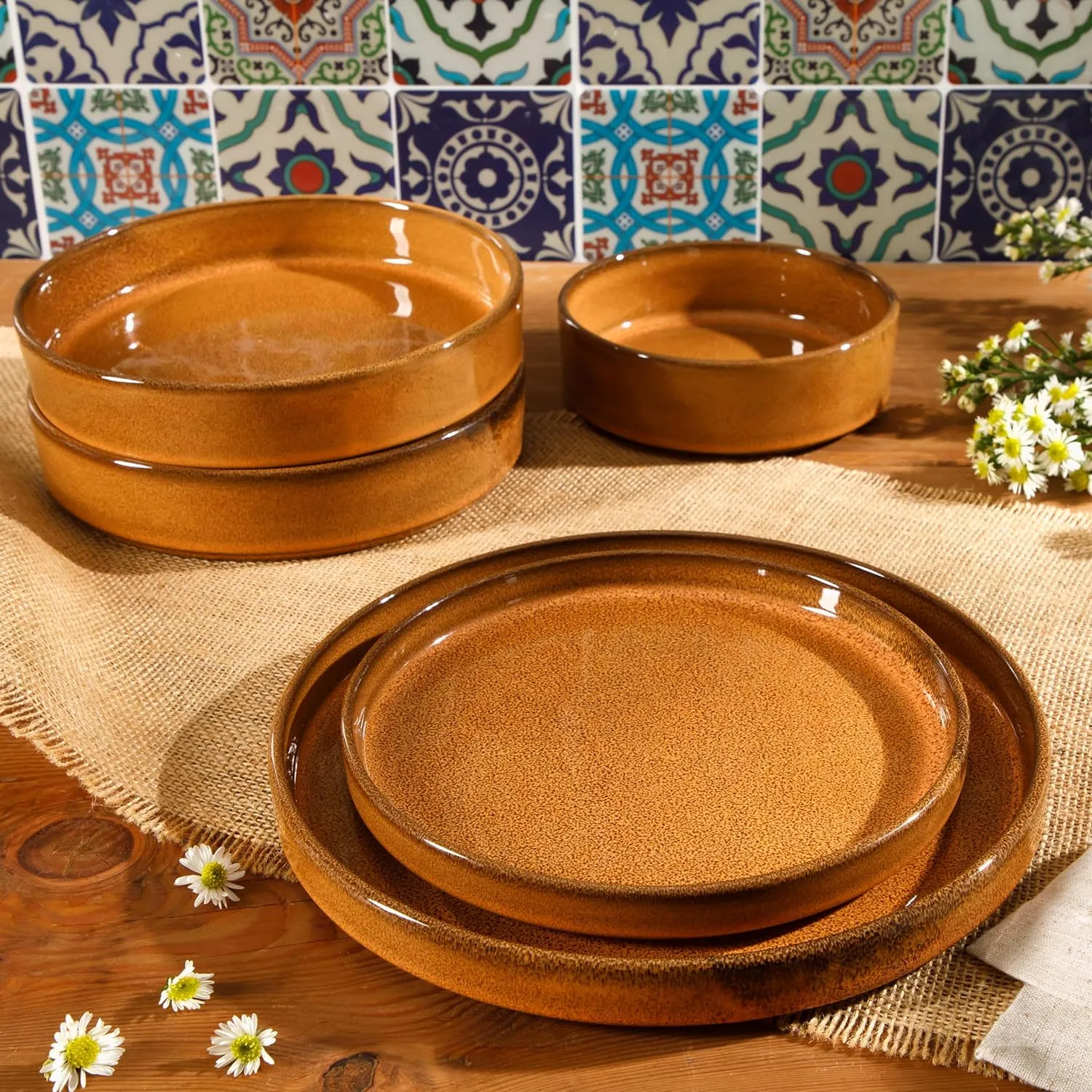 Oprah's Favorite Things - Santorini Mist Double Bowl Terracotta Reactive Glaze Plates and Bowls Dinnerware Set - Amber, Service for Four (16pcs)