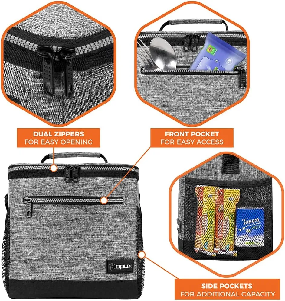 opux Extra Large Insulated Lunch Box Men Women, Lunch Bag for Work, Leakproof Soft Cooler Tote Adult, Lunch Pail, Picnic Beach Collapsible Food Bag with Shoulder Strap, Heather Grey