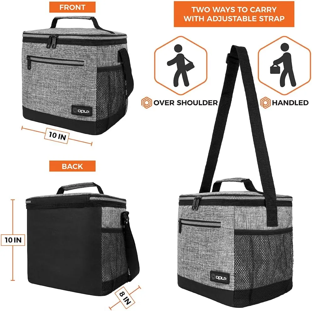 opux Extra Large Insulated Lunch Box Men Women, Lunch Bag for Work, Leakproof Soft Cooler Tote Adult, Lunch Pail, Picnic Beach Collapsible Food Bag with Shoulder Strap, Heather Grey