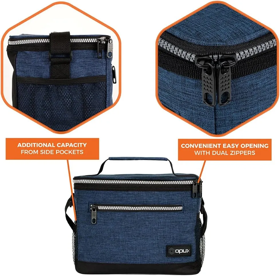 opux Insulated Lunch Box Men Women, Lunch Bag for Work School, Leakproof Soft Cooler Tote Adult, Large Lunch Pail Kids Boys Girls, Picnic Beach Food Bag with Shoulder Strap, Heather Navy
