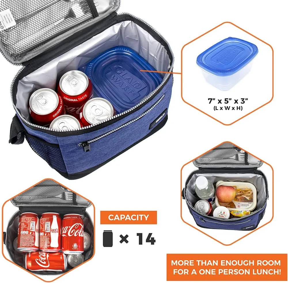 opux Insulated Lunch Box Men Women, Lunch Bag for Work School, Leakproof Soft Cooler Tote Adult, Large Lunch Pail Kids Boys Girls, Picnic Beach Food Bag with Shoulder Strap, Heather Navy