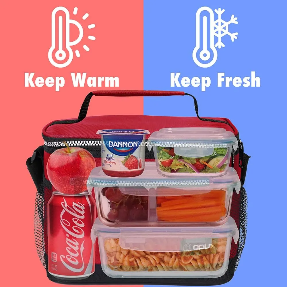 opux Insulated Lunch Box Men Women, Lunch Bag for Work School, Leakproof Soft Cooler Tote Adult, Large Lunch Pail Kids Boys Girls, Picnic Beach Food Bag with Shoulder Strap, Red