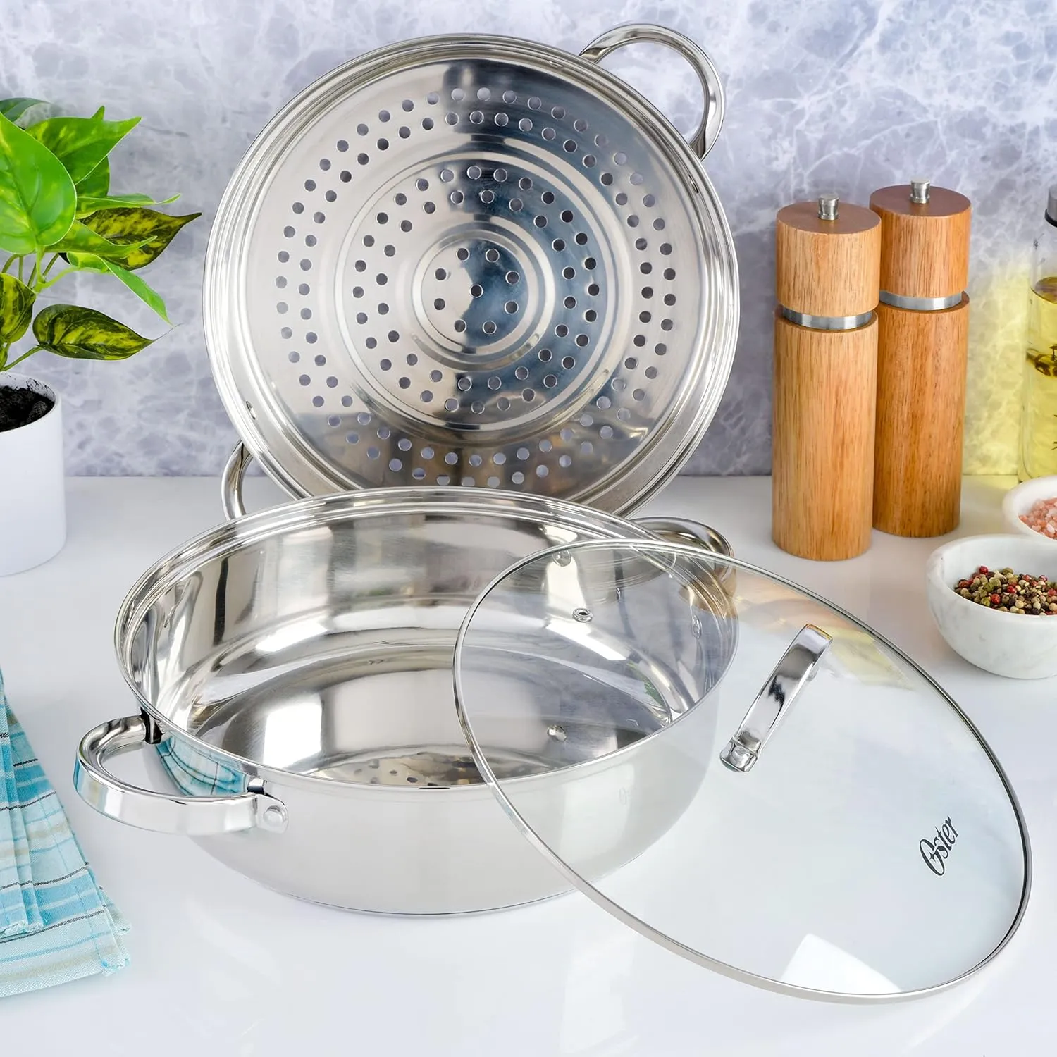 Oster Sangerfield Stainless Steel Cookware, 3.0-Quart Dutch Oven w/Steamer Basket