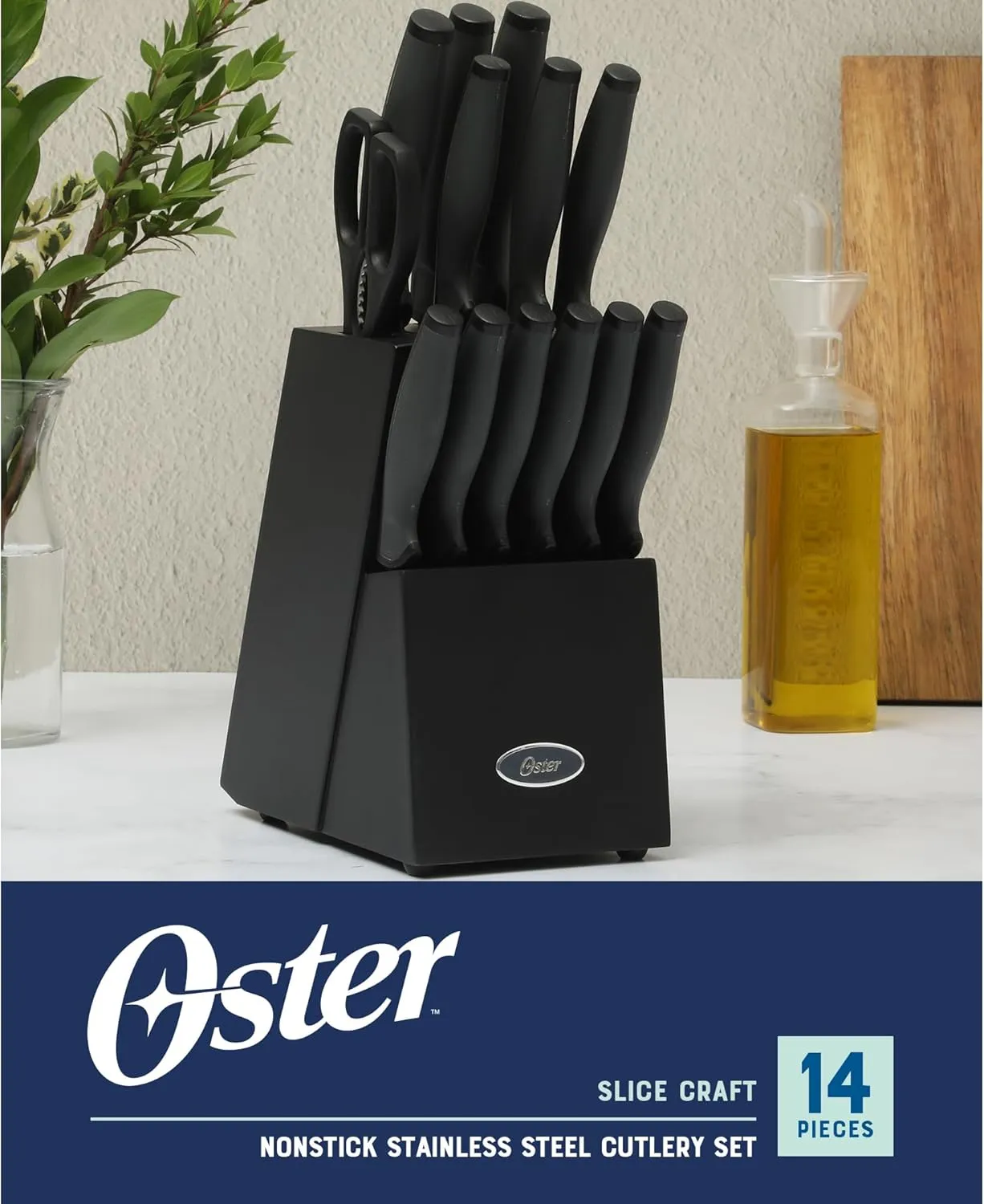 Oster Slicecraft 14 Piece High Carbon Stainless Steel Knife Block Cutlery Set - Black- Cuchillos Para Cocina