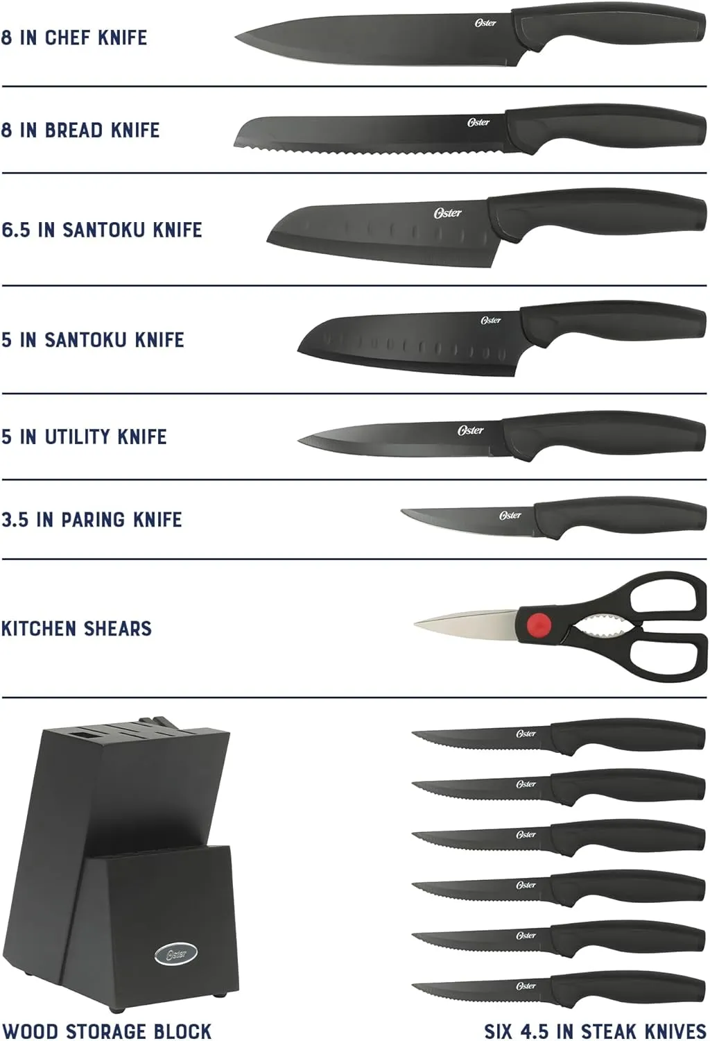 Oster Slicecraft 14 Piece High Carbon Stainless Steel Knife Block Cutlery Set - Black- Cuchillos Para Cocina