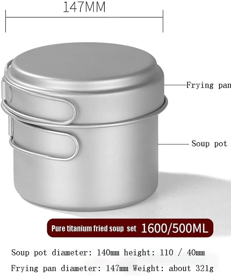 Outdoor Camping Camping Cookware Kit Pure Titanium Fried Soup Two-Piece Set Lightweight Pot Pan for Backpacking Camping Cooker Set Adventures Picnics (Onecolor 1600/500ML)