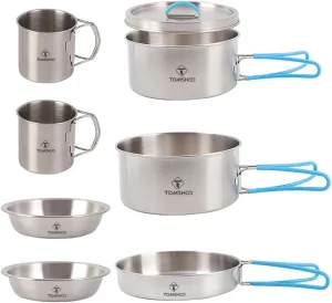 Outdoor Camping Cookware Set 2 People Stainless Steel Set Camping Pots and Pans with Foldable Handles Quick Heat Conduction Durable Silicone Handles