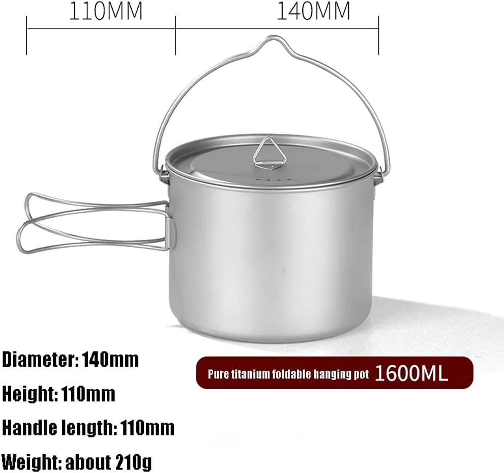 Outdoor Camping Outdoors Camping Cookware Lightweight Hanging Pot Camping Cooker Pure Titanium Foldable Hanging Pot Hiking Cooking Pot Adventures Picnics (OneColor 1600ml)