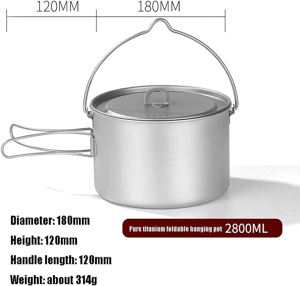 Outdoor Camping Outdoors Camping Cookware Lightweight Hanging Pot Camping Cooker Pure Titanium Foldable Hanging Pot Hiking Cooking Pot Adventures Picnics (OneColor 2800ml)