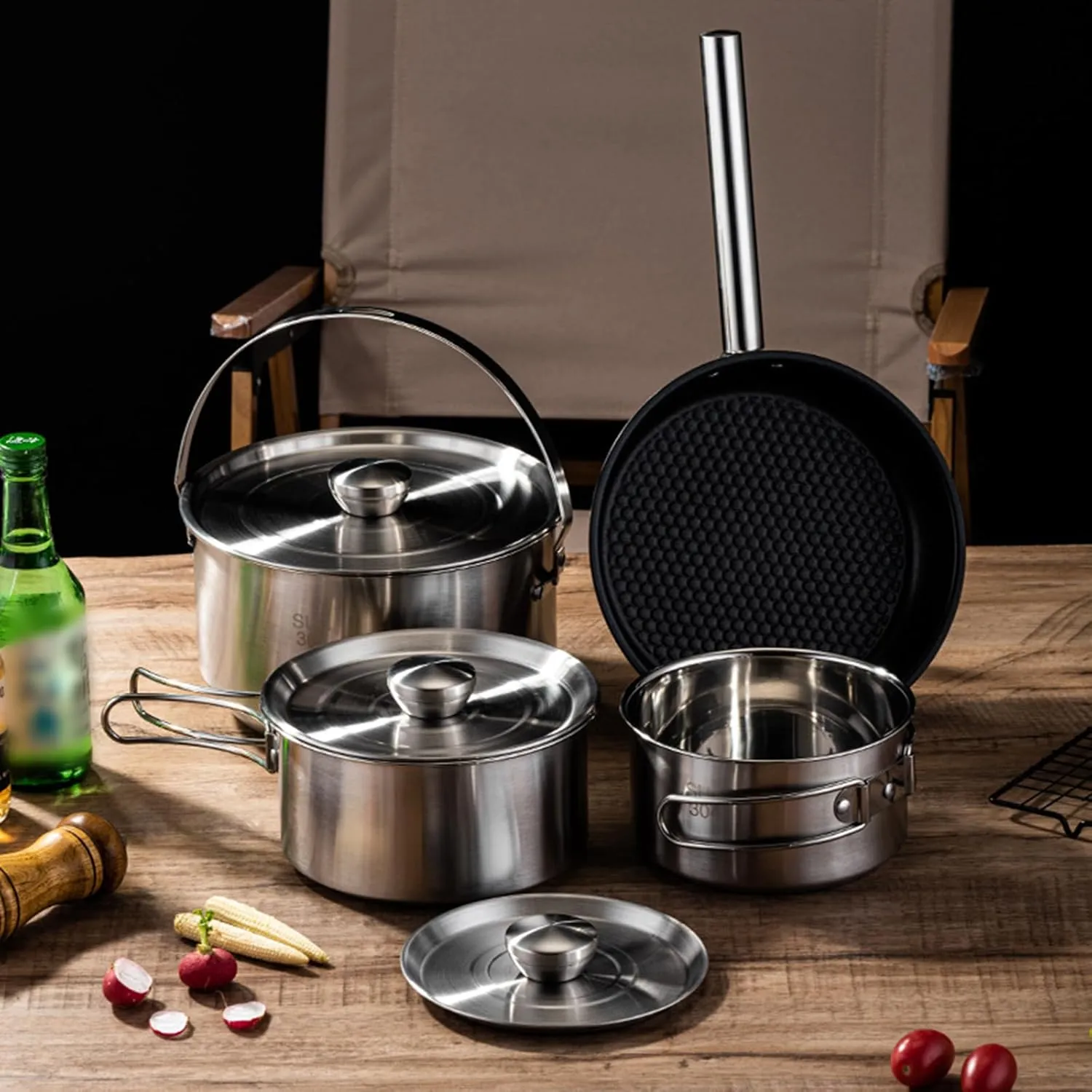 Outdoor Cooking Set 4/5 Pack, 304 Stainless Steel Portable Camping Pots and Pans Set, Suitable for Hiking Backpacking Outdoor Picnics