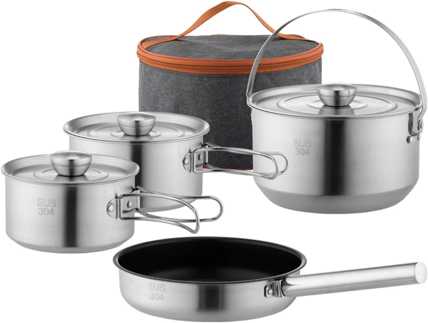 Outdoor Cooking Set 4/5 Pack, 304 Stainless Steel Portable Camping Pots and Pans Set, Suitable for Hiking Backpacking Outdoor Picnics