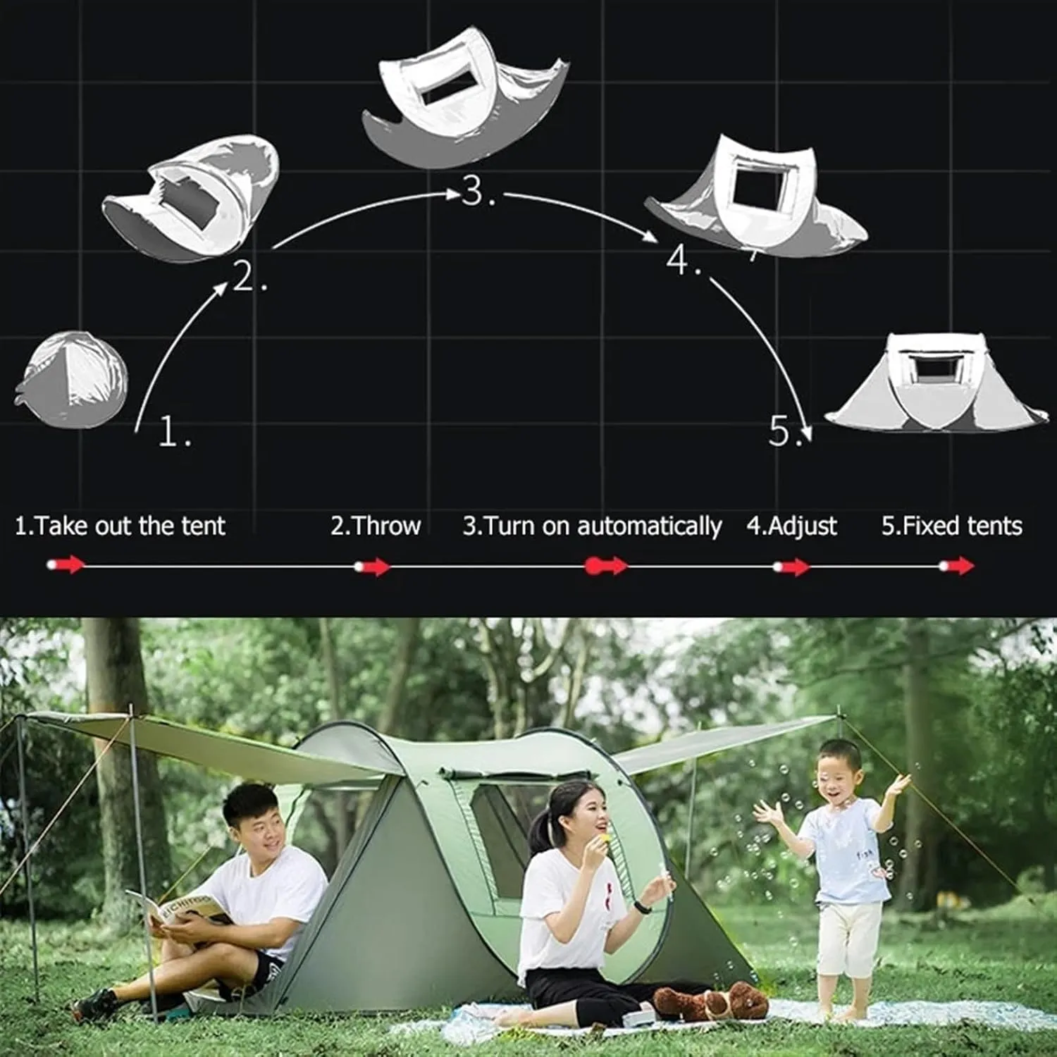 Outdoor Easy Pop Up Tents Compatible with Camping 3-4/5-8 Person Waterproof Automatic Setup Family Tent Travel Hiking Backpacking (Green 3 4 Person)
